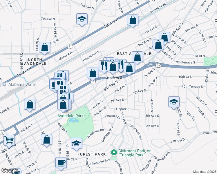 map of restaurants, bars, coffee shops, grocery stores, and more near in Birmingham