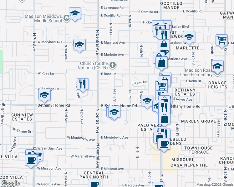 map of restaurants, bars, coffee shops, grocery stores, and more near 6031 North 2nd Street in Phoenix