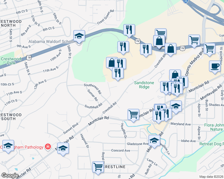 map of restaurants, bars, coffee shops, grocery stores, and more near 1317 Southhall Road in Birmingham