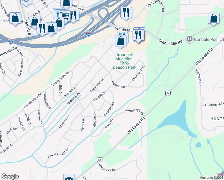 map of restaurants, bars, coffee shops, grocery stores, and more near 5293 Dresden Road in Irondale