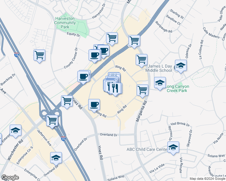 map of restaurants, bars, coffee shops, grocery stores, and more near 40820 Winchester Road in Temecula