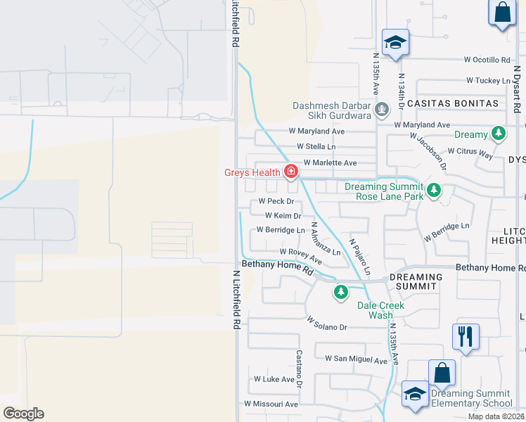 map of restaurants, bars, coffee shops, grocery stores, and more near 13814 West Keim Drive in Litchfield Park