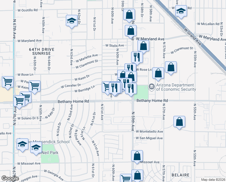 map of restaurants, bars, coffee shops, grocery stores, and more near 6022 North 60th Avenue in Glendale