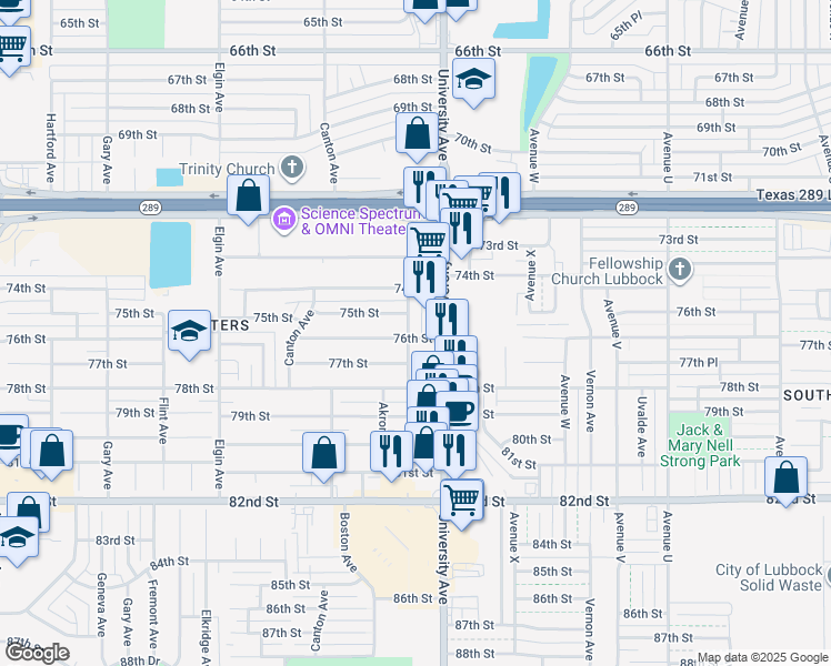 map of restaurants, bars, coffee shops, grocery stores, and more near 7602 University Avenue in Lubbock