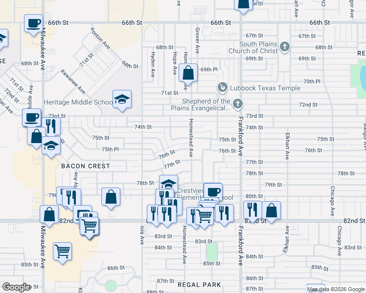 map of restaurants, bars, coffee shops, grocery stores, and more near 6004 76th Street in Lubbock