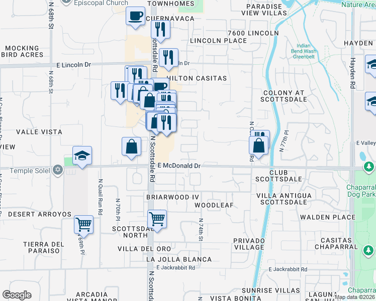 map of restaurants, bars, coffee shops, grocery stores, and more near 7337 East Solcito Lane in Scottsdale