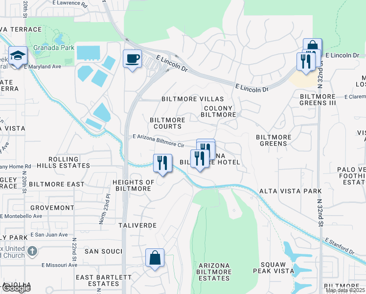 map of restaurants, bars, coffee shops, grocery stores, and more near 2701 East Arizona Biltmore Circle in Phoenix