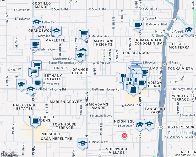 map of restaurants, bars, coffee shops, grocery stores, and more near 19 East Berridge Lane in Phoenix