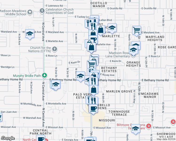 map of restaurants, bars, coffee shops, grocery stores, and more near 6040 North 7th Street in Phoenix