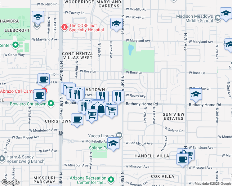 map of restaurants, bars, coffee shops, grocery stores, and more near 1520 West Rovey Avenue in Phoenix