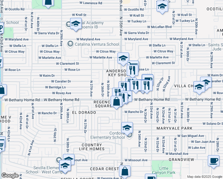 map of restaurants, bars, coffee shops, grocery stores, and more near 3515 West Rovey Avenue in Phoenix