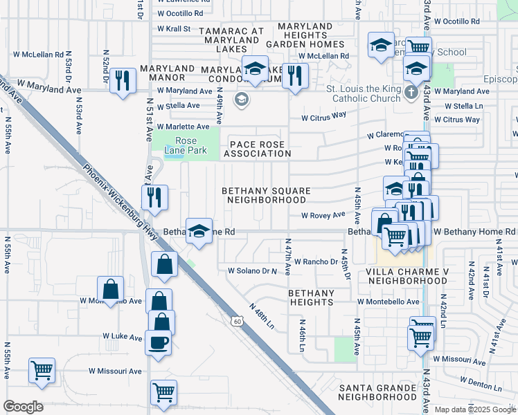 map of restaurants, bars, coffee shops, grocery stores, and more near 4816 West Bethany Home Road in Glendale