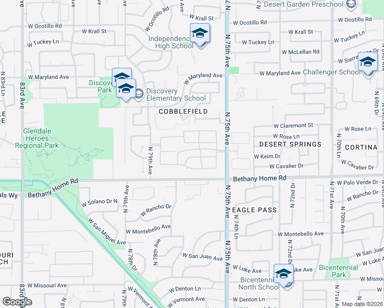 map of restaurants, bars, coffee shops, grocery stores, and more near 7628 West Berridge Lane in Glendale
