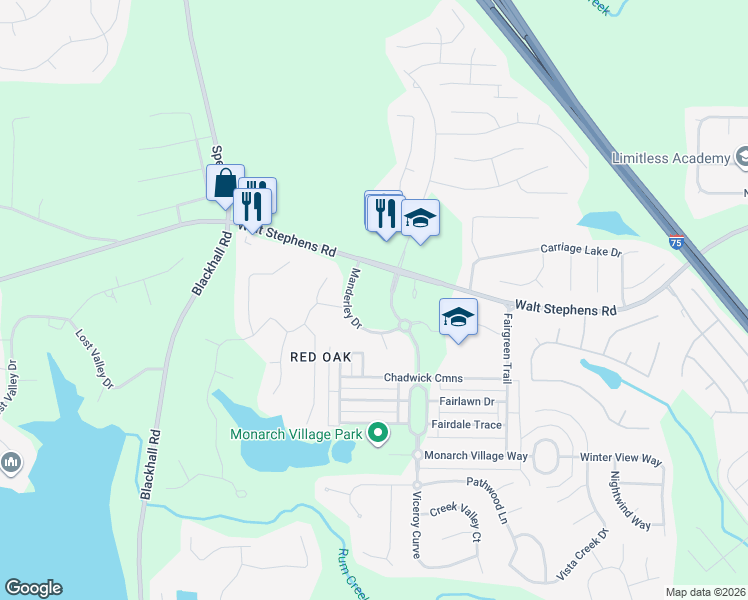 map of restaurants, bars, coffee shops, grocery stores, and more near 105 Manderly Drive in Stockbridge