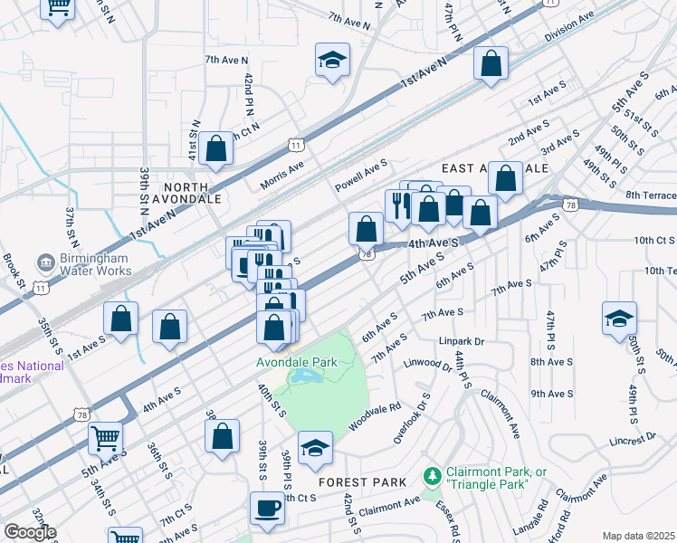 map of restaurants, bars, coffee shops, grocery stores, and more near 4245 3rd Avenue South in Birmingham