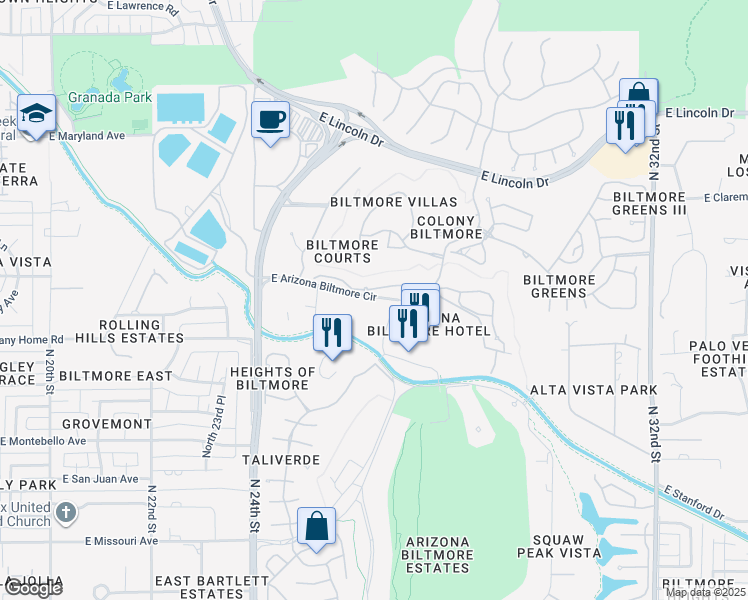 map of restaurants, bars, coffee shops, grocery stores, and more near 2701 East Arizona Biltmore Circle in Phoenix