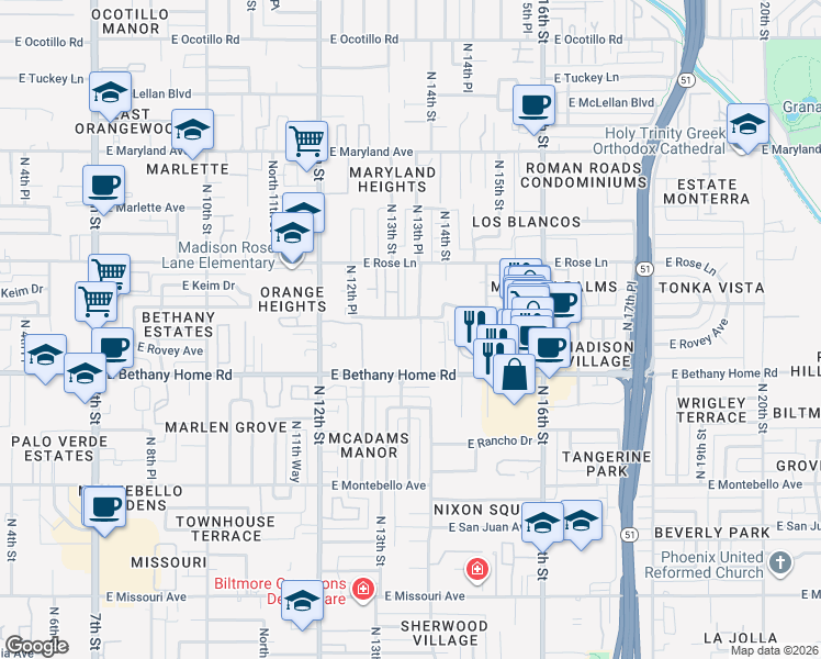 map of restaurants, bars, coffee shops, grocery stores, and more near 1320 East Bethany Home Road in Phoenix