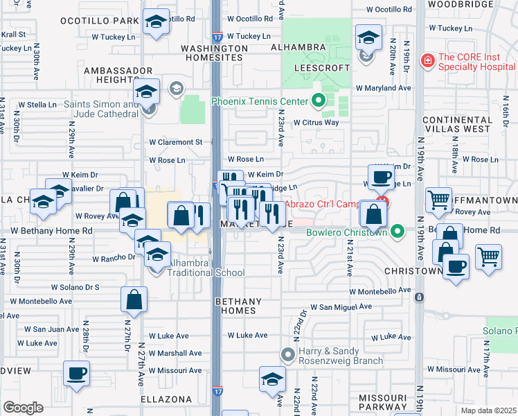 map of restaurants, bars, coffee shops, grocery stores, and more near 2330 West Bethany Home Road in Phoenix