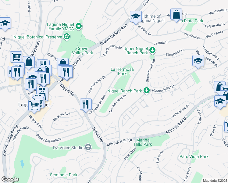 map of restaurants, bars, coffee shops, grocery stores, and more near 30152 Los Tules Court in Laguna Niguel
