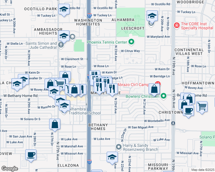 map of restaurants, bars, coffee shops, grocery stores, and more near 2330 West Bethany Home Road in Phoenix