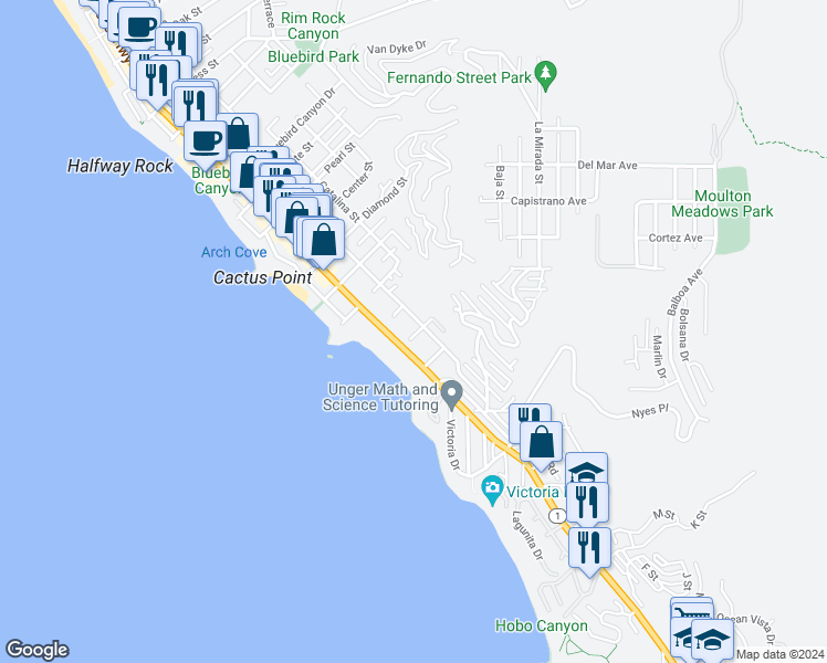 map of restaurants, bars, coffee shops, grocery stores, and more near 254 Arch Street in Laguna Beach
