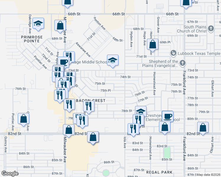 map of restaurants, bars, coffee shops, grocery stores, and more near 6116 75th Place in Lubbock