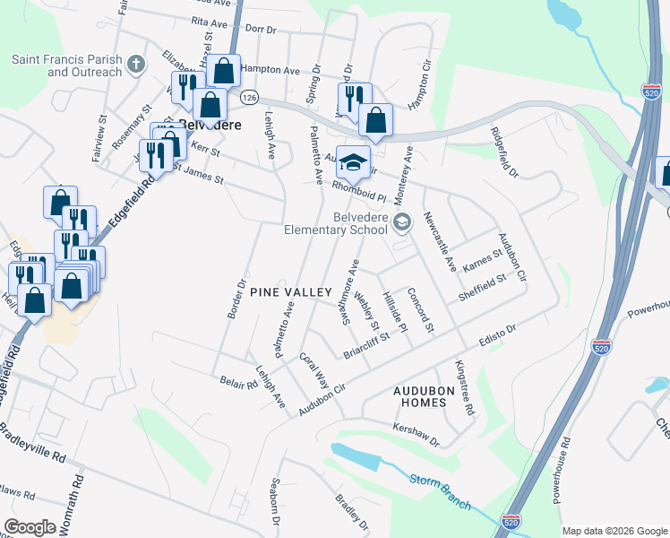 map of restaurants, bars, coffee shops, grocery stores, and more near 134 Belair Road in North Augusta
