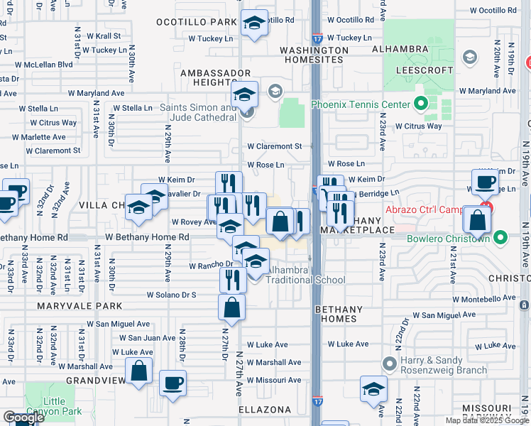 map of restaurants, bars, coffee shops, grocery stores, and more near 6025 North 27th Avenue in Phoenix