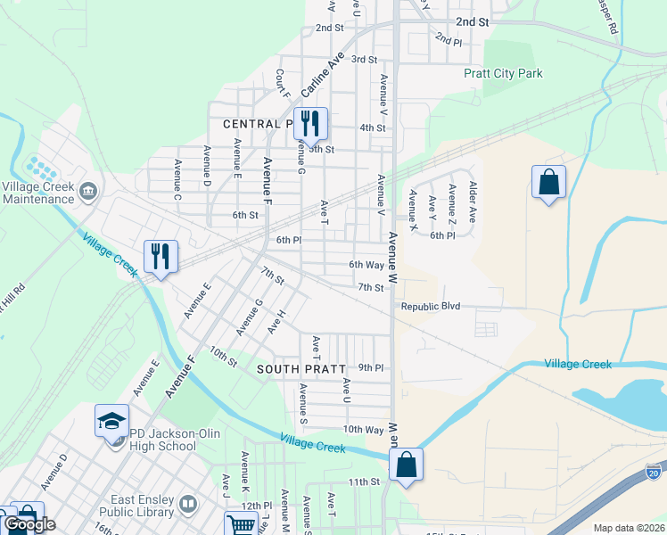 map of restaurants, bars, coffee shops, grocery stores, and more near 817 6th Way in Birmingham