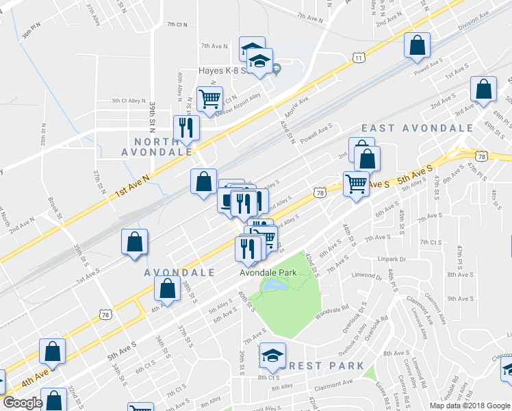 map of restaurants, bars, coffee shops, grocery stores, and more near 4199 2nd Avenue South in Birmingham