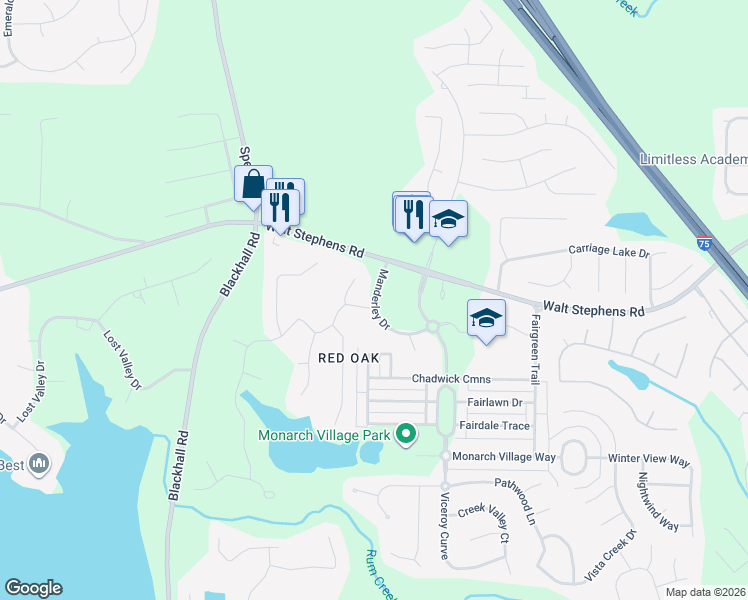 map of restaurants, bars, coffee shops, grocery stores, and more near 105 Manderly Drive in Stockbridge