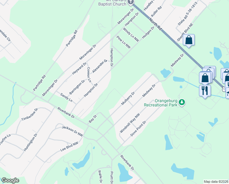 map of restaurants, bars, coffee shops, grocery stores, and more near 178 Off Highway in Orangeburg