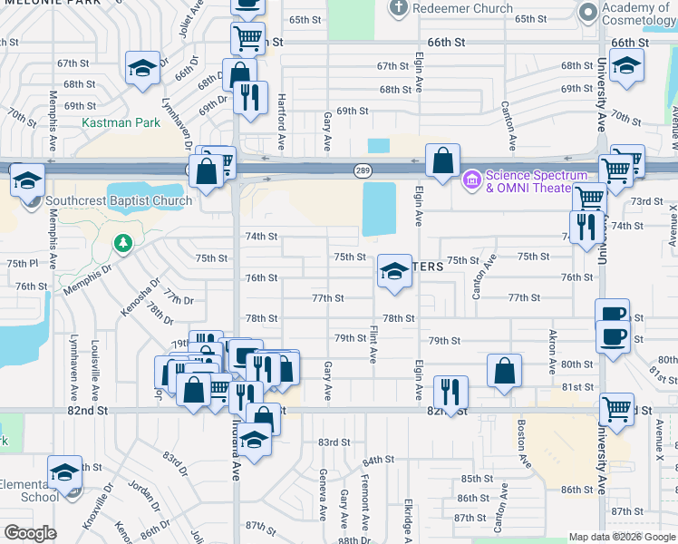 map of restaurants, bars, coffee shops, grocery stores, and more near 3112 76th Street in Lubbock