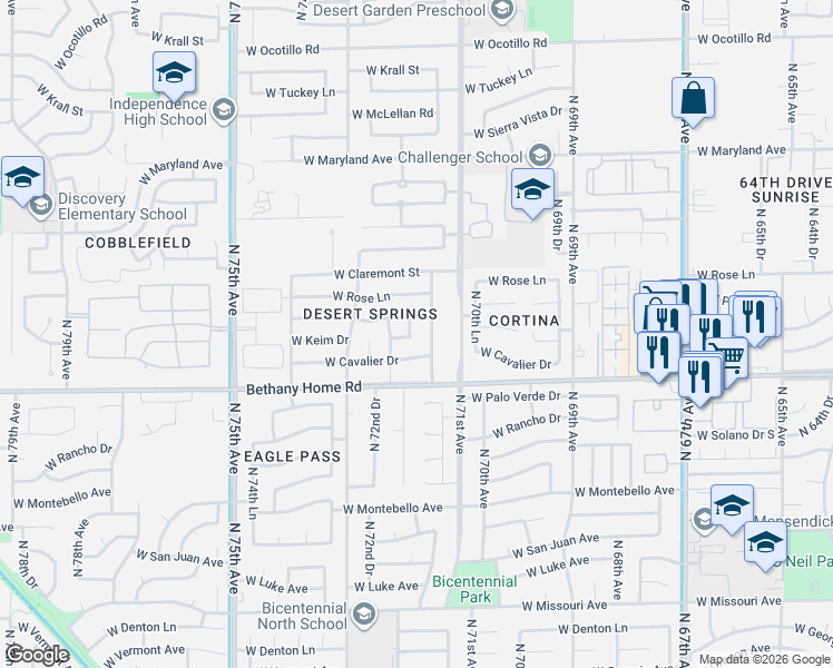 map of restaurants, bars, coffee shops, grocery stores, and more near 6037 North 71st Lane in Glendale