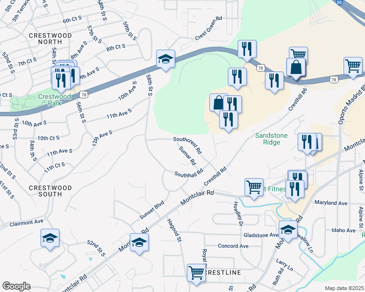 map of restaurants, bars, coffee shops, grocery stores, and more near 1309 Sumar Road in Birmingham