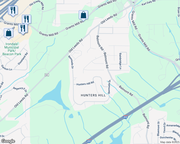 map of restaurants, bars, coffee shops, grocery stores, and more near 5536 Hunters Hill Road in Irondale