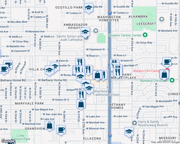 map of restaurants, bars, coffee shops, grocery stores, and more near 6025 North 27th Avenue in Phoenix