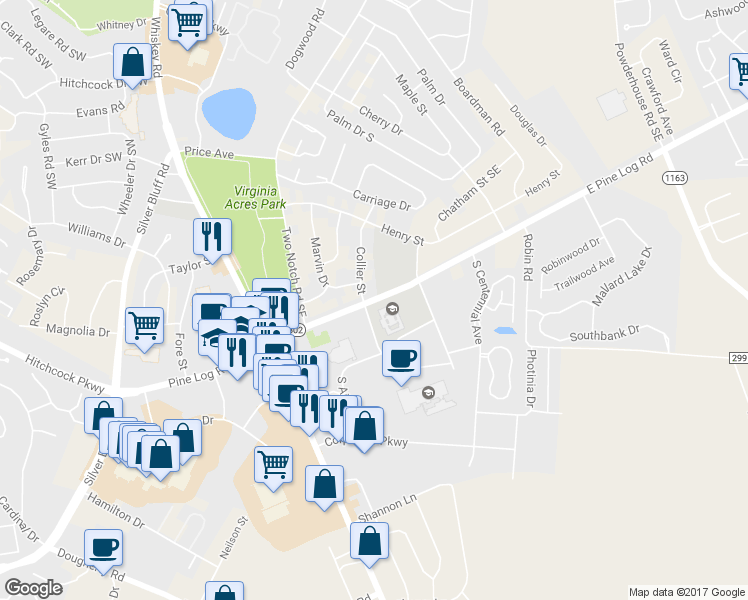 map of restaurants, bars, coffee shops, grocery stores, and more near 255 East Pine Log Road in Aiken