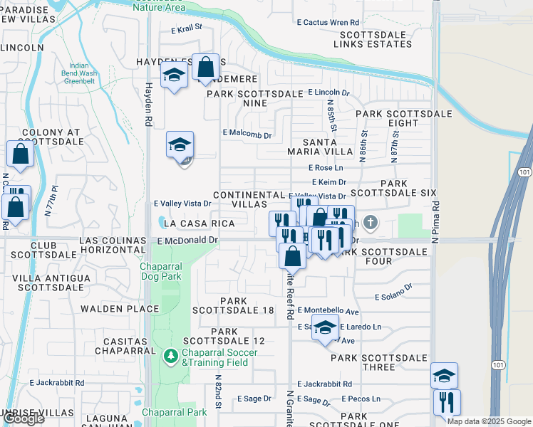 map of restaurants, bars, coffee shops, grocery stores, and more near 8310 East McDonald Drive in Scottsdale