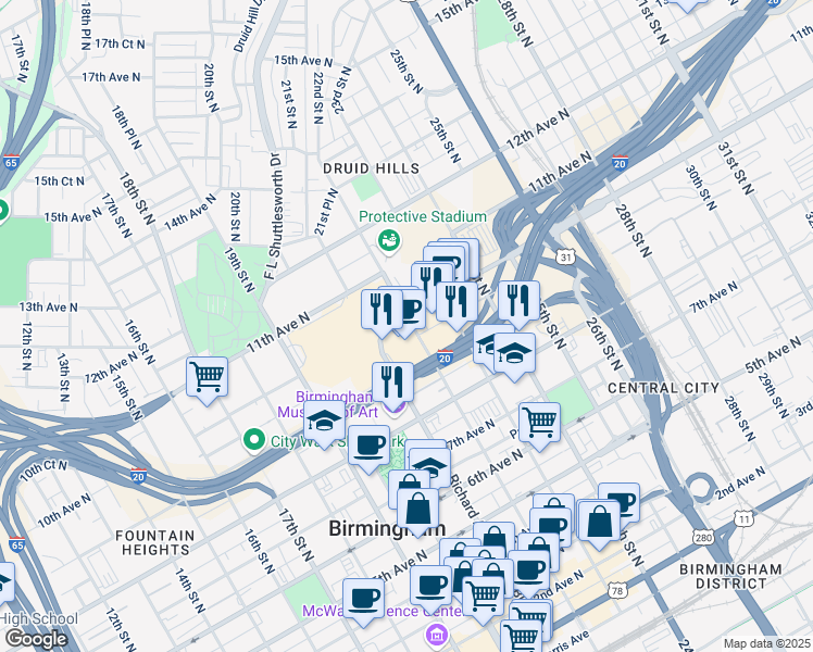 map of restaurants, bars, coffee shops, grocery stores, and more near 950 22nd Street North in Birmingham