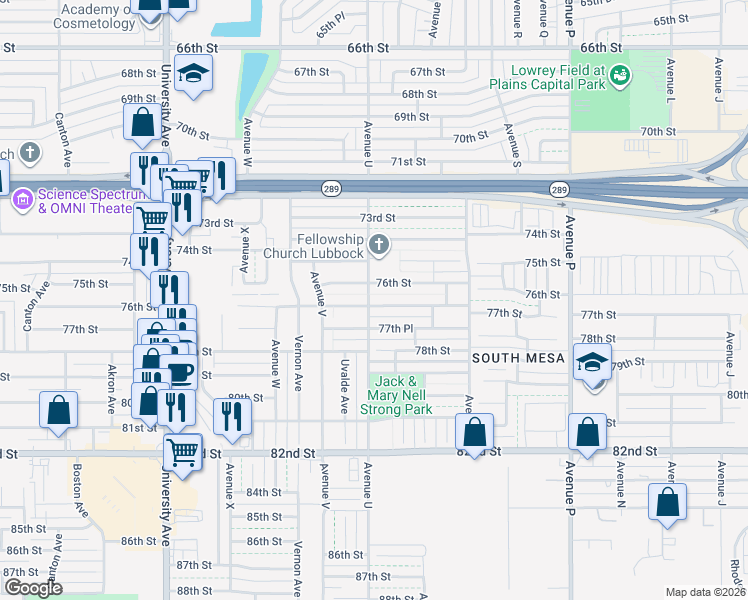 map of restaurants, bars, coffee shops, grocery stores, and more near 1940 77th Street in Lubbock