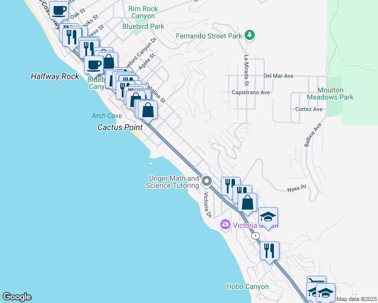 map of restaurants, bars, coffee shops, grocery stores, and more near 254 Arch Street in Laguna Beach