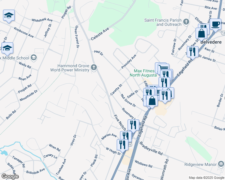 map of restaurants, bars, coffee shops, grocery stores, and more near 140 Nut Grove Drive in North Augusta