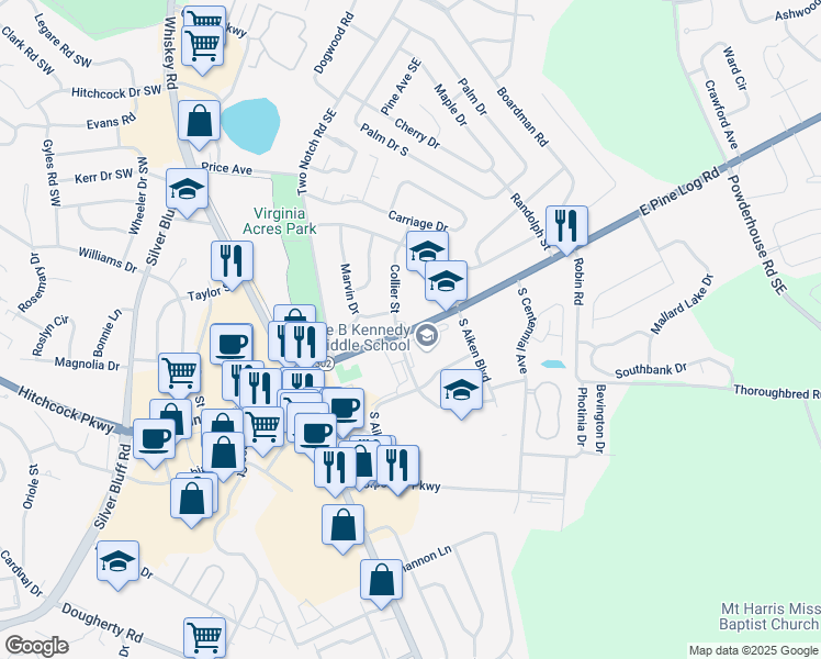 map of restaurants, bars, coffee shops, grocery stores, and more near 255 East Pine Log Road in Aiken