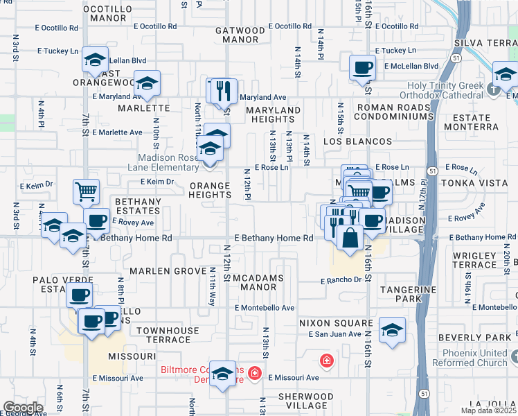 map of restaurants, bars, coffee shops, grocery stores, and more near 19 East Berridge Lane in Phoenix