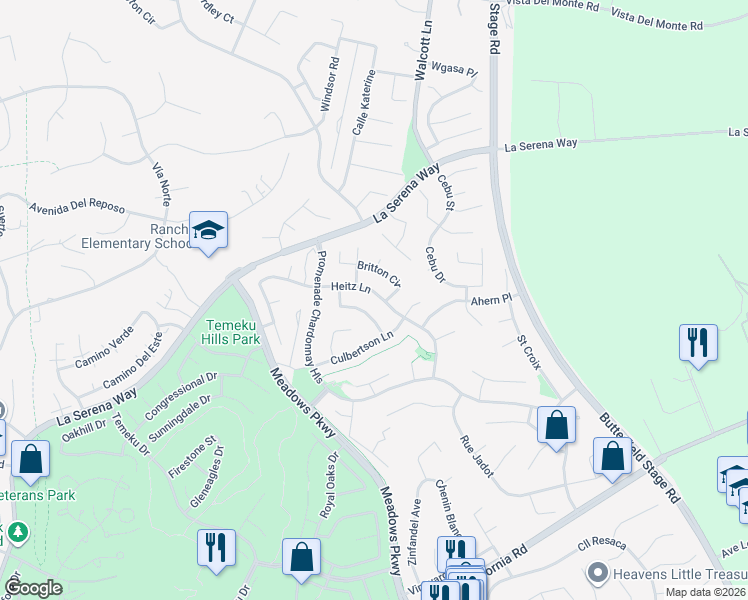 map of restaurants, bars, coffee shops, grocery stores, and more near 31445 Heitz Lane in Temecula
