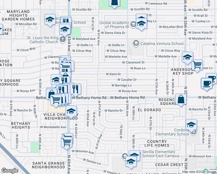 map of restaurants, bars, coffee shops, grocery stores, and more near 4026 West Rovey Avenue in Phoenix
