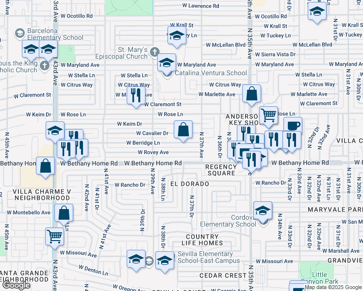 map of restaurants, bars, coffee shops, grocery stores, and more near 3730 West Rovey Avenue in Phoenix