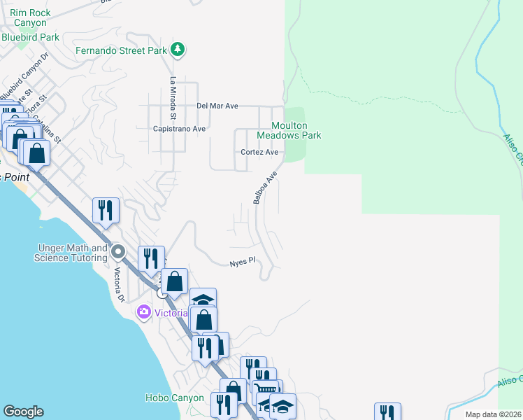 map of restaurants, bars, coffee shops, grocery stores, and more near 751 Bolsana Drive in Laguna Beach