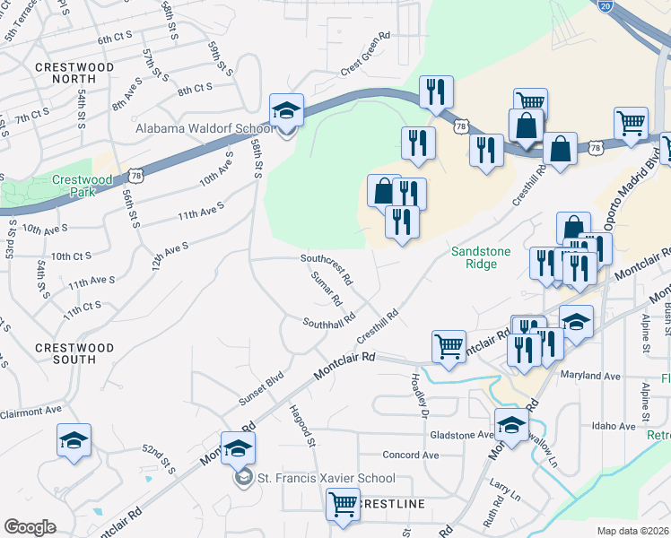 map of restaurants, bars, coffee shops, grocery stores, and more near 5932 Southcrest Road in Birmingham